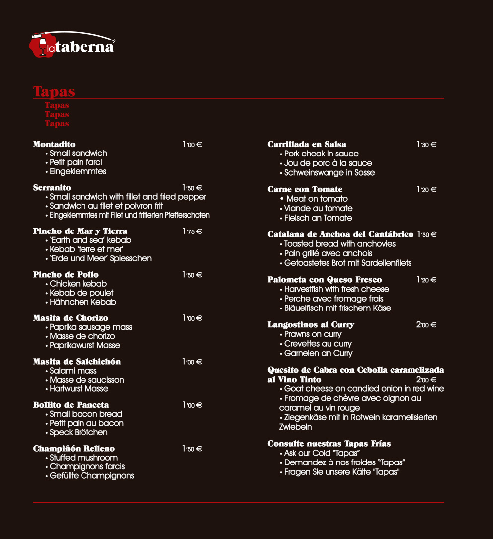 Carta de Restaurante La Taberna