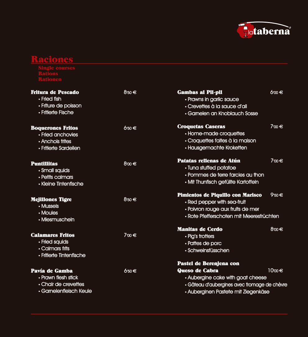 Carta de Restaurante La Taberna