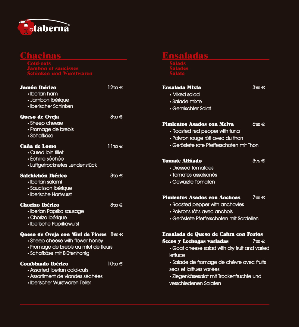 Carta de Restaurante La Taberna