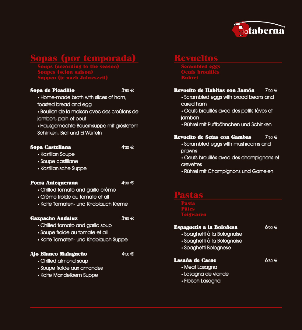 Carta de Restaurante La Taberna