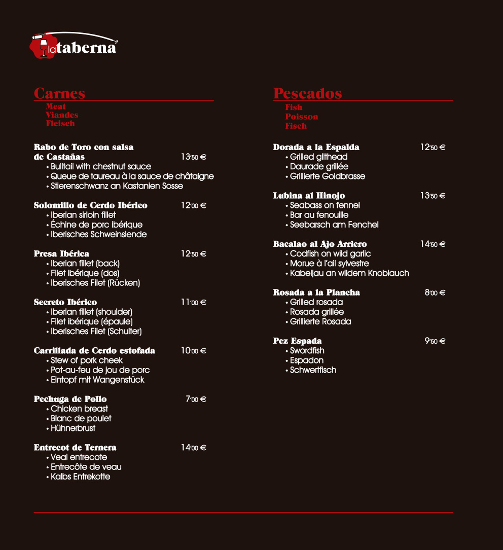 Carta de Restaurante La Taberna