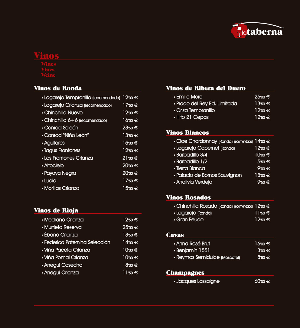 Carta de Restaurante La Taberna