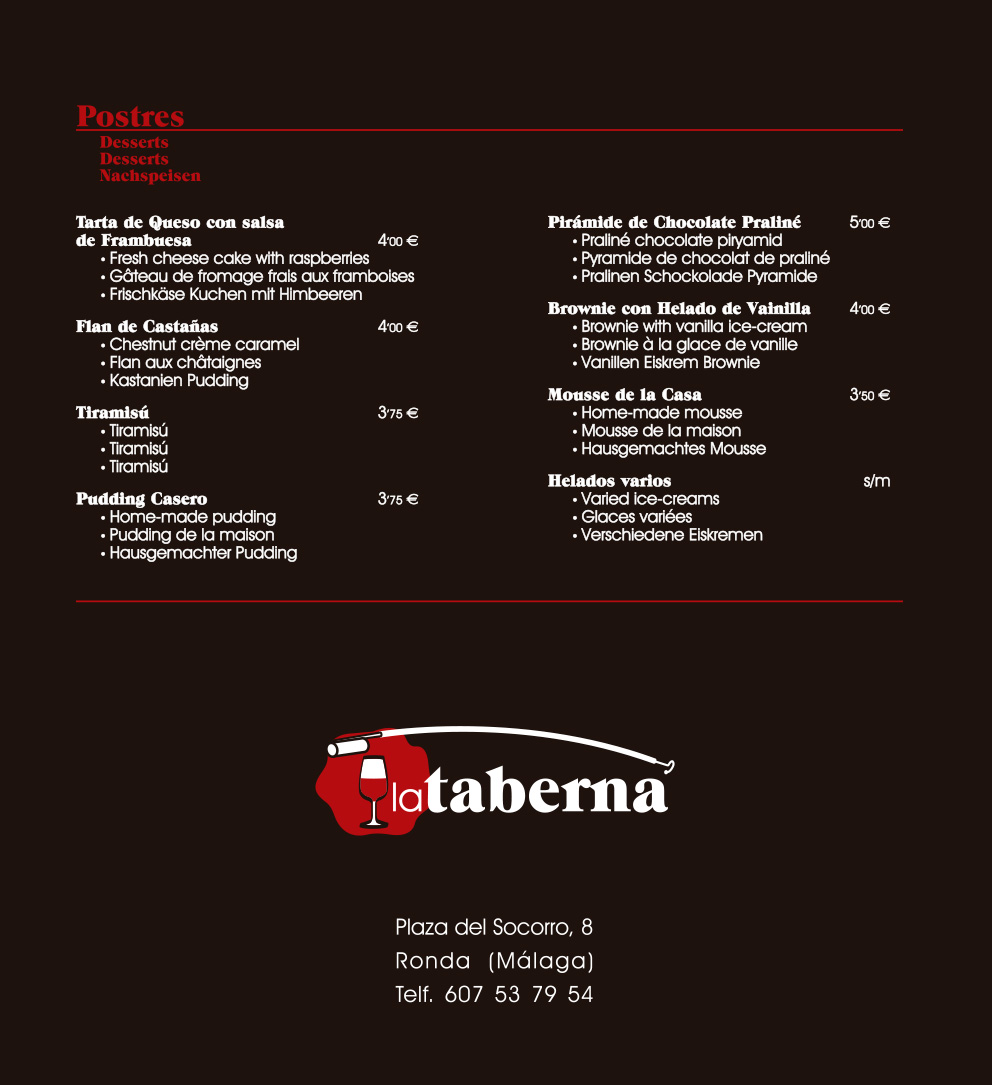 Carta de Restaurante La Taberna